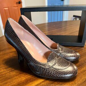 Women's Franco Sarto Brown Leather Croc Embossed Heels Shoes Size 7